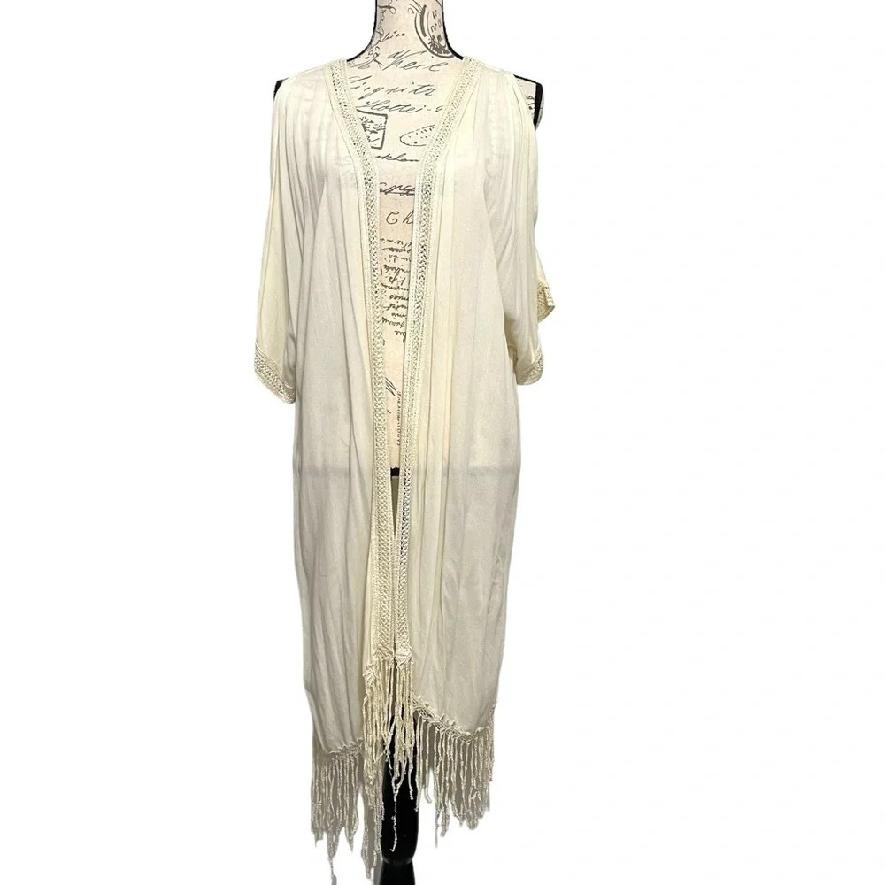 XCVI Women Kimono Cardigan S Ivory Boho Fringe Crochet Trim Hippie Festival